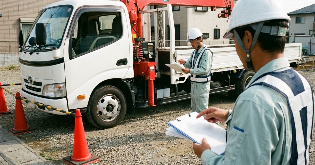 4tユニック車の手配前に車検証情報と免許・資格要件を照合している様子