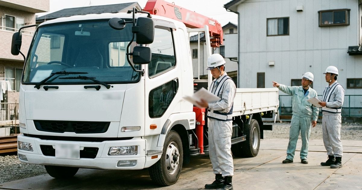 4tユニック車の現場で運転・操作・玉掛けの担当と要件を作業前に確認している様子