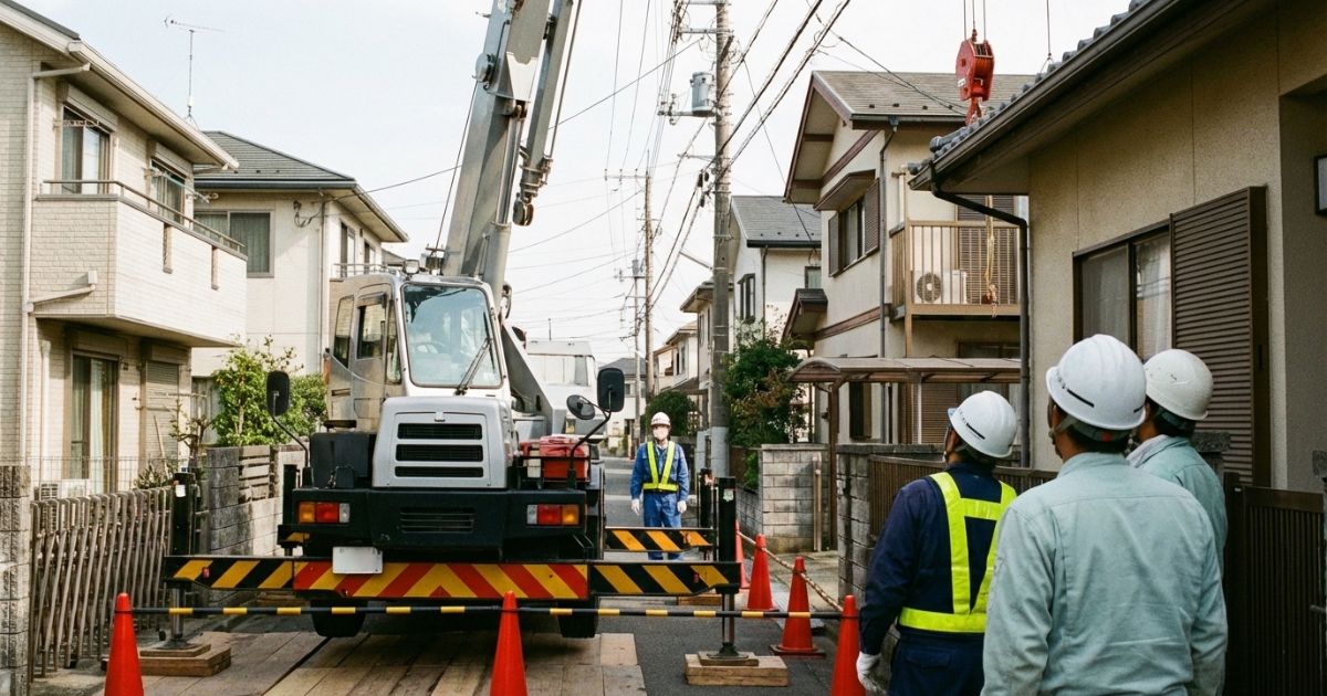 4tユニック車でアウトリガー展開と敷板設置を行い、上空障害と区画管理を確認して作業条件を成立させている様子