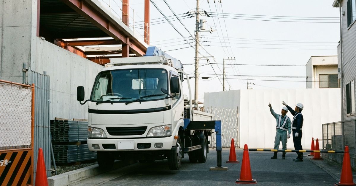 設置位置のズレで作業半径が伸びたりアウトリガー条件が揃わず、性能表の最大値どおりに成立しない状況を示す現場イメージ