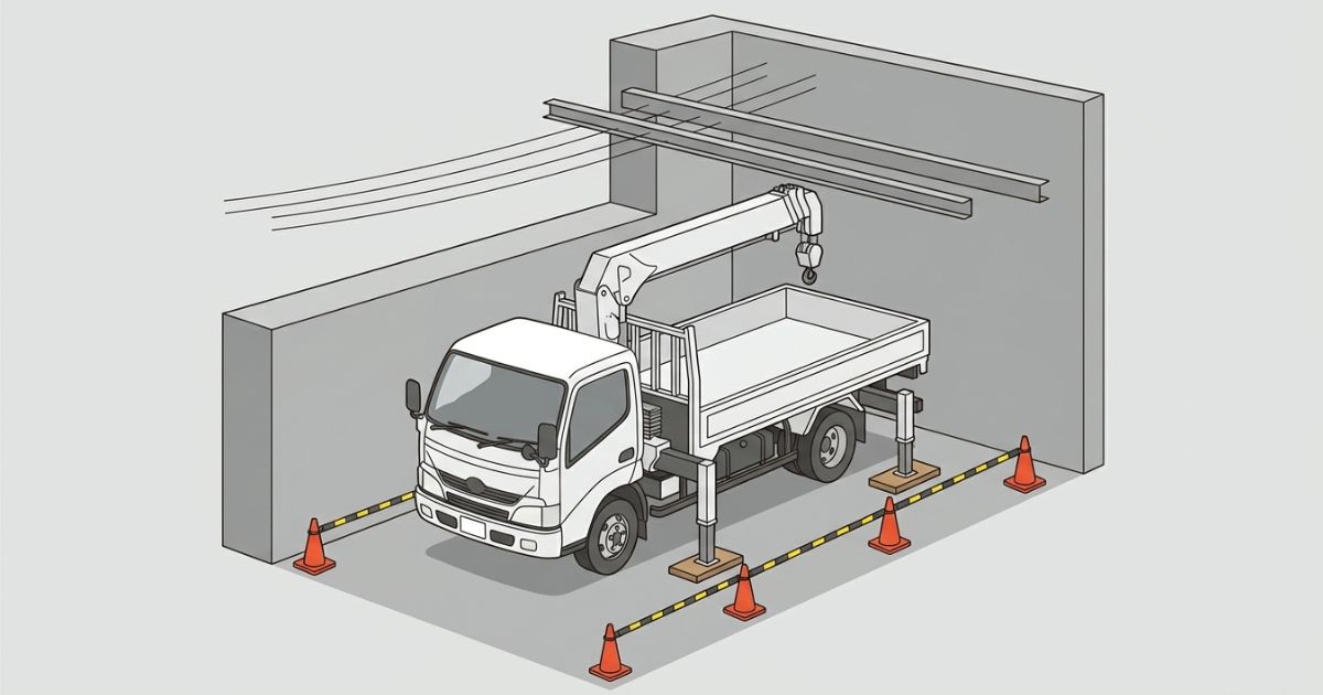 4tユニック車は車両寸法だけでなく進入・アウトリガー展開・作業半径・上空障害・区画管理の条件が揃って成立することを示す図解イメージ