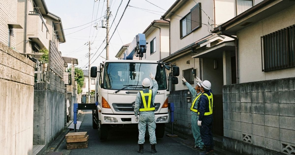 4tユニック車の進入幅や上空障害を確認しながら作業前に停車位置を検討している様子