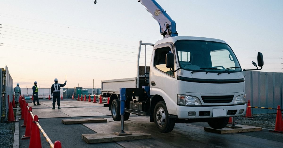ユニック車の作業開始前にアウトリガーと敷板を確認し、区画と合図体制を整えている現場の様子