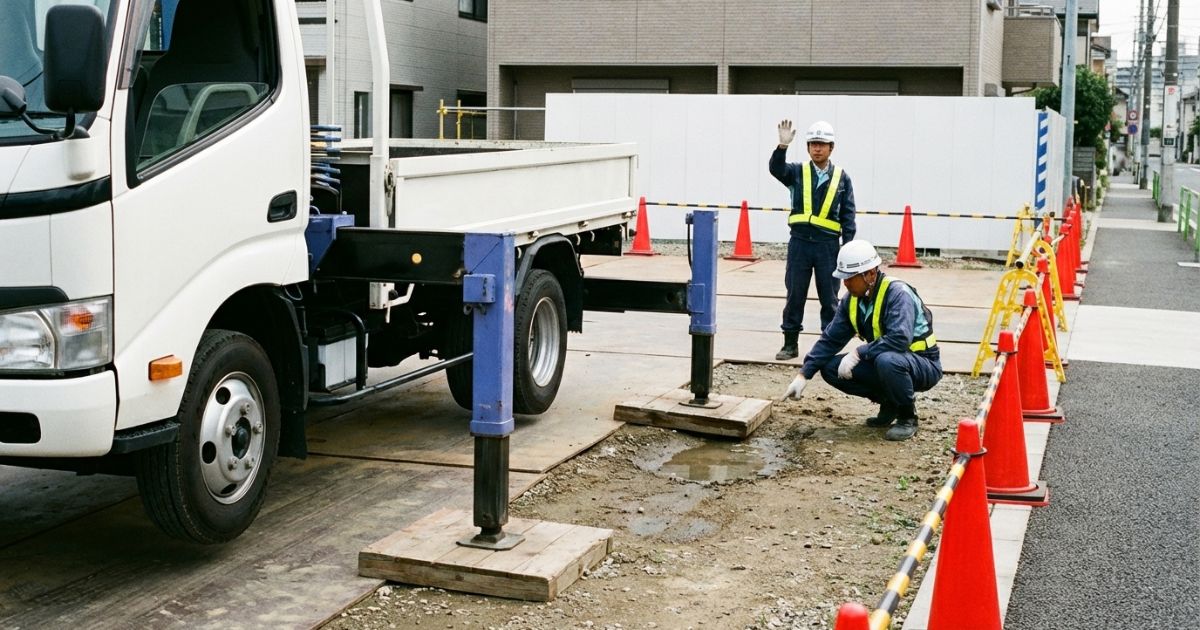 異常の兆候を感じて停止合図を出し、敷板と支持状態を再確認してから作業可否を判断する様子