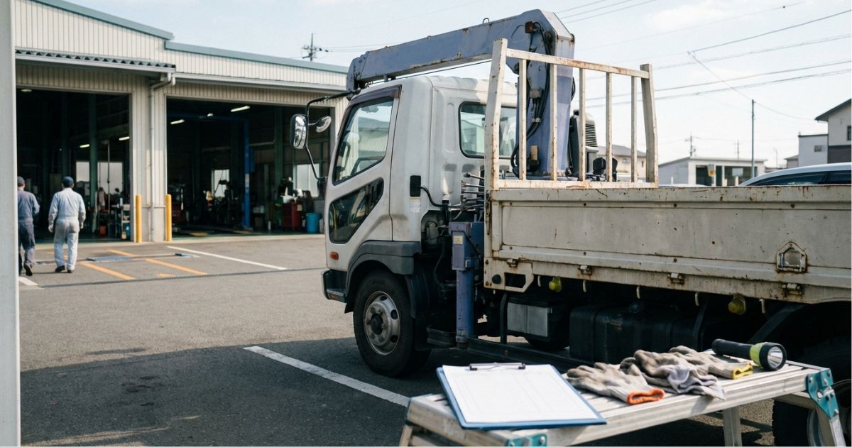 中古ユニック車を購入前にヤードで点検し、年式・整備履歴・上物状態を判断しているイメージ