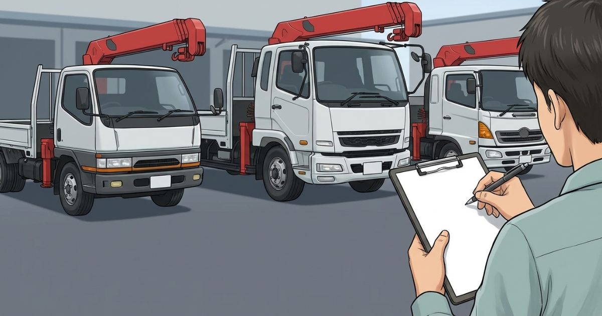 年式とトン数で相場レンジの枠を作り、同条件で中古ユニック車を比較するイメージ