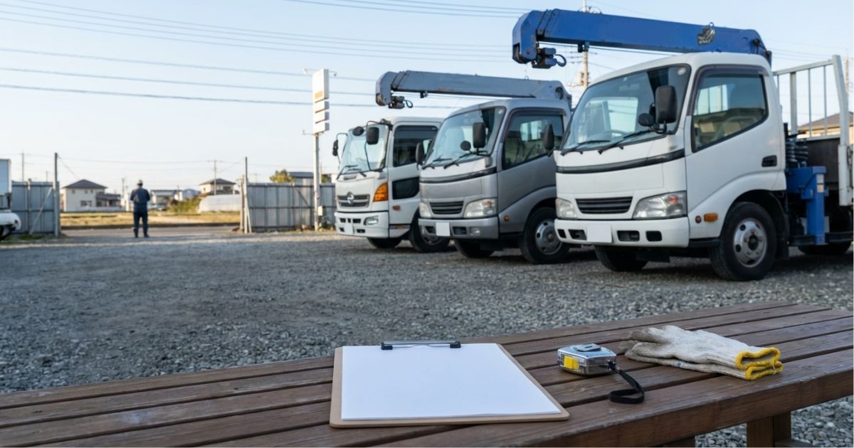 中古ユニック車を年式とトン数で比較し、相場レンジを掴むイメージ（複数台の車両を並べて確認）