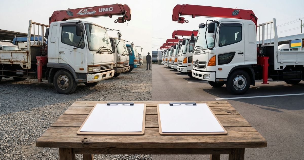 中古購入とレンタルを条件で比較して分岐するイメージ（ユニック車）