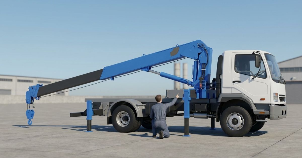 中古ユニック車の上物(クレーン装置)をアウトリガー展開と動作確認で所見を取るイメージ