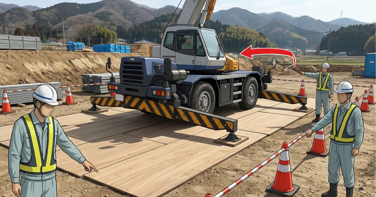 アウトリガー支持・旋回範囲・立入管理の危険ポイントを作業前に指差し確認している様子