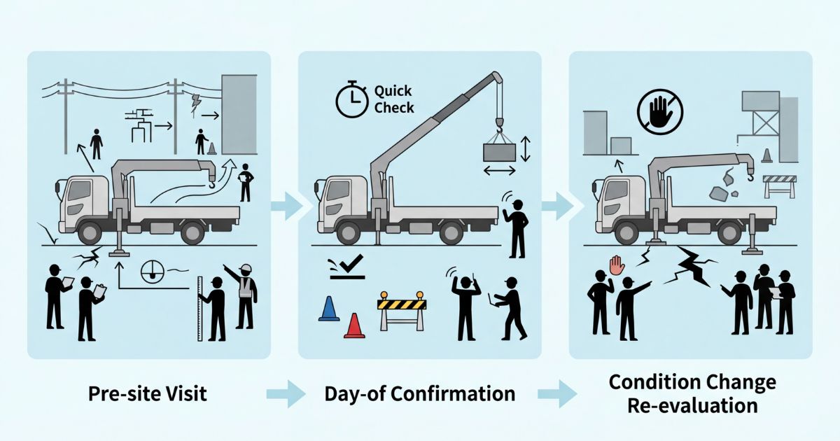 ユニック車のKYを下見から再確認まで整理した流れ図