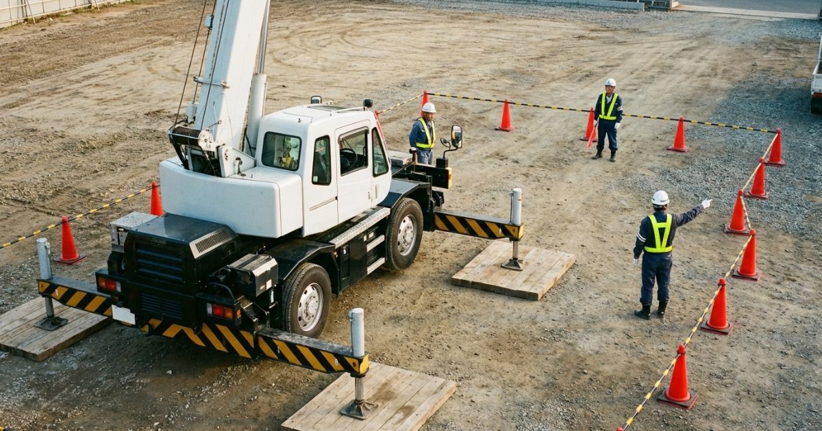 前吊りを避けるために停車位置と区画を見直し、合図者を固定して作業条件を成立させている様子