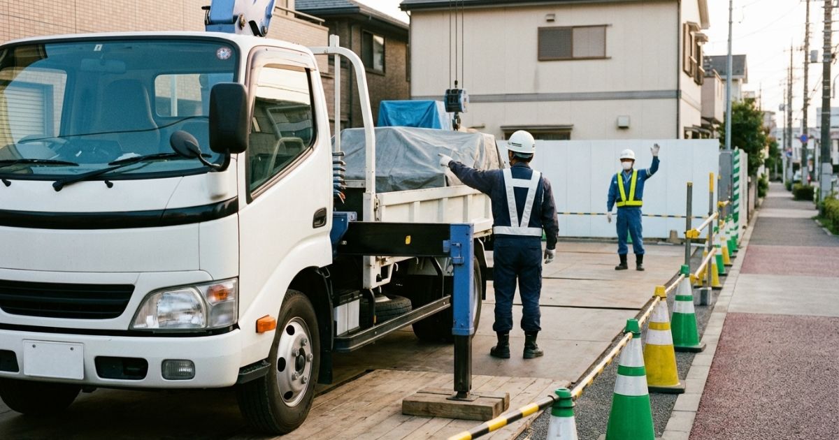 前吊りを求められた場面で、作業開始前に区画と合図体制を確認し代替策を検討している様子