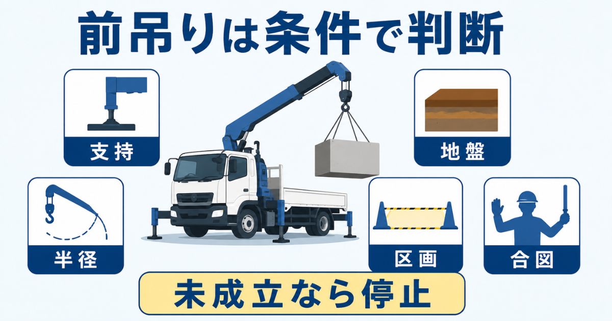 ユニック車の前吊りは荷の軽さだけでなく支持・半径・地盤・区画・合図の条件で判断することを示す図解