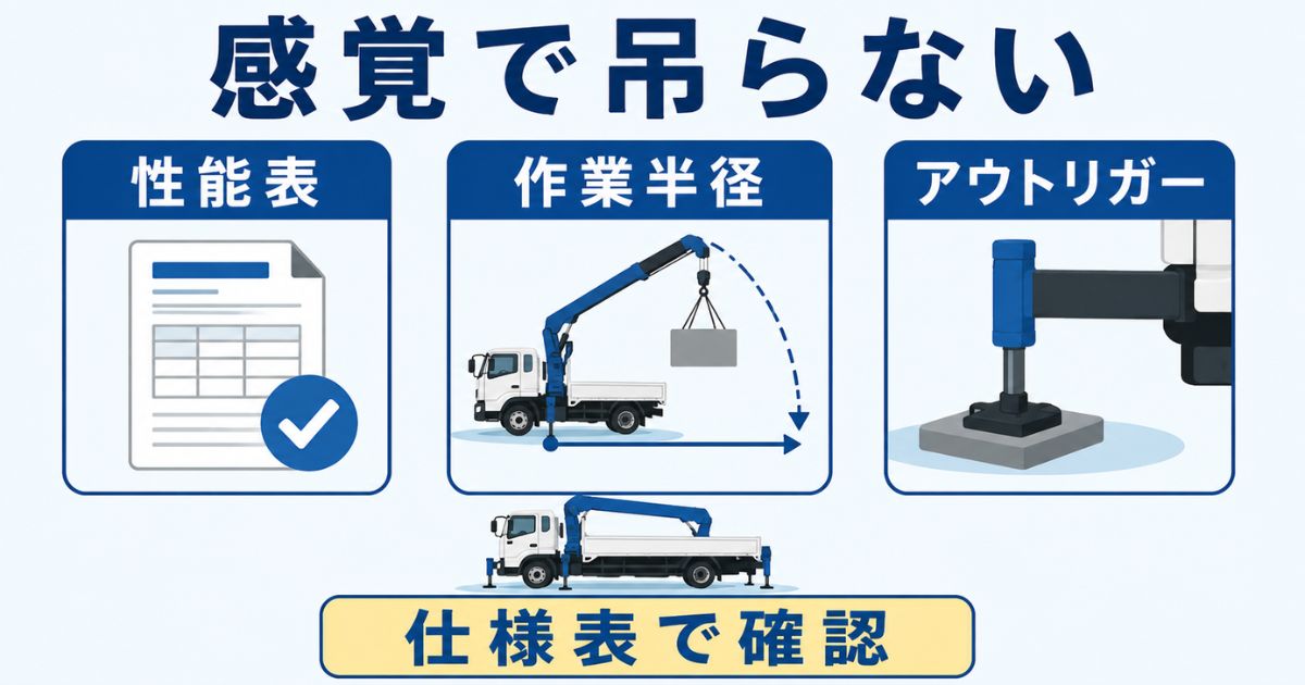 前吊りの可否を性能表・作業半径・アウトリガー条件で確認する流れを示すユニック車の図解