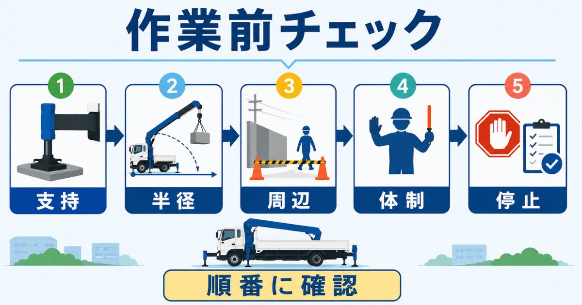 前吊りを求められたときに支持・半径・周辺・体制・停止判断の順で確認する作業前チェック図解
