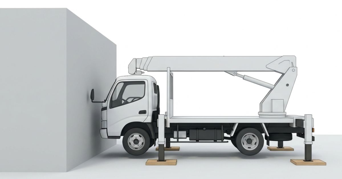 前側は作業半径や区画が崩れやすく、条件未成立になりやすいことを示すユニック車の図解イメージ