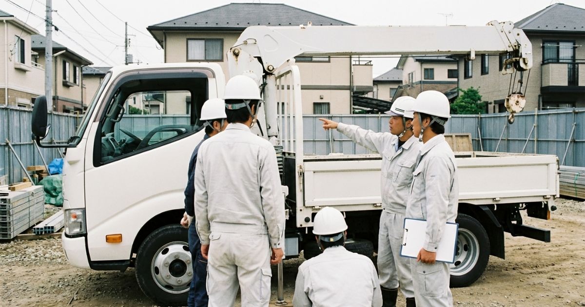 運転手付きユニック車で作業範囲と役割分担を確認するイメージ