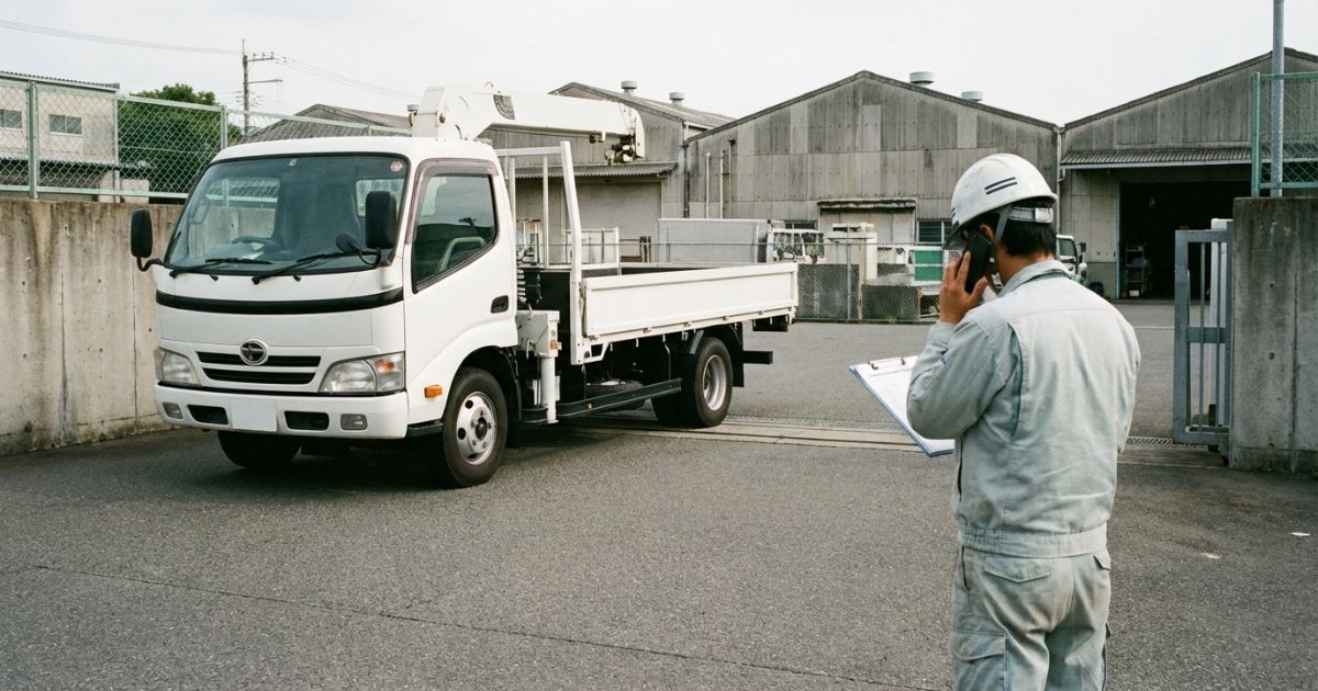 運転手付きユニック車で安全確認や責任分界を事前に確認しているイメージ