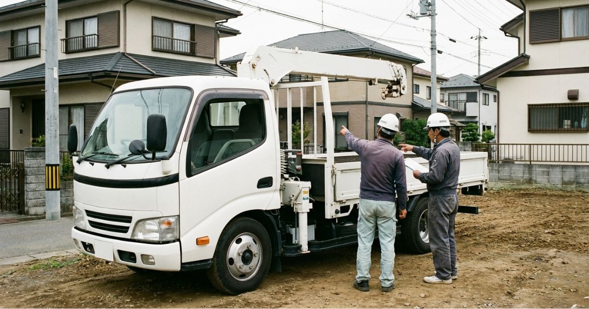 個人手配でユニック車の作業体制や役割分担を確認しているイメージ