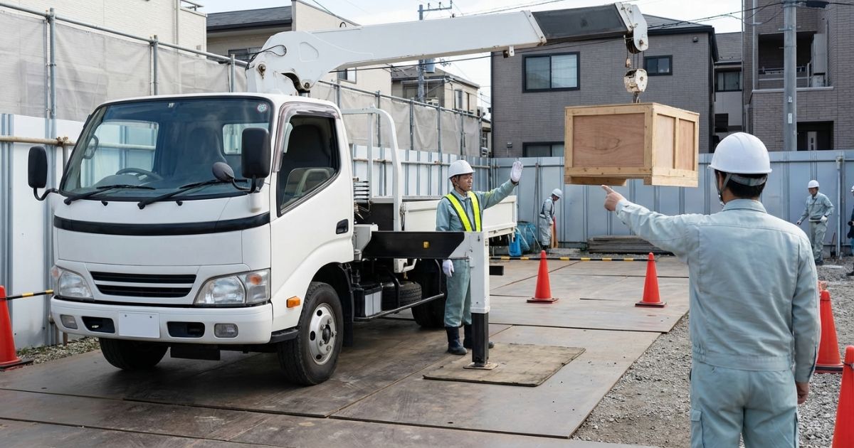 安全装置の警報を受けて作業を停止し、支持条件と作業半径を切り分け確認している様子