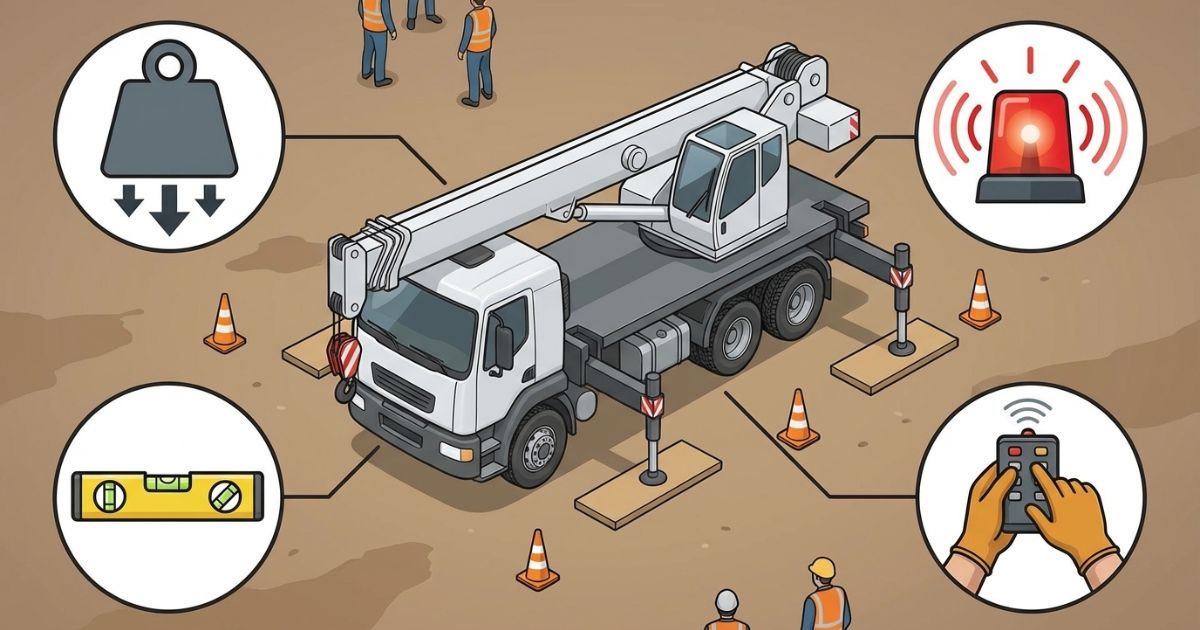 ユニック車の安全装置を過負荷・支持姿勢・操作・警報の観点で整理したイメージ