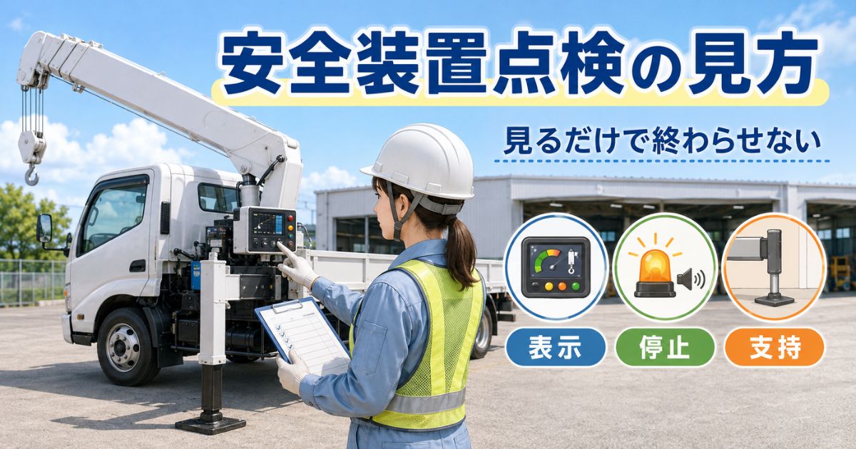 ユニック車の安全装置点検で表示・停止・支持条件を確認している作業前点検イメージ