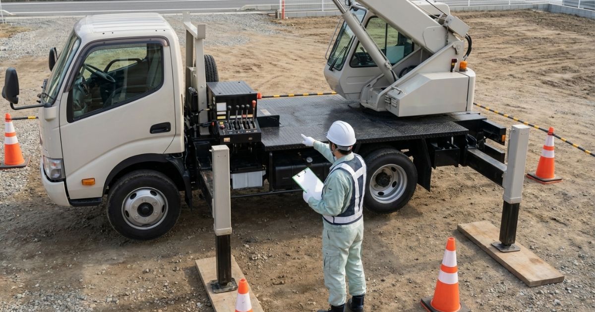 ユニック車の始業前に安全装置を点検し、作動確認の準備をしている様子