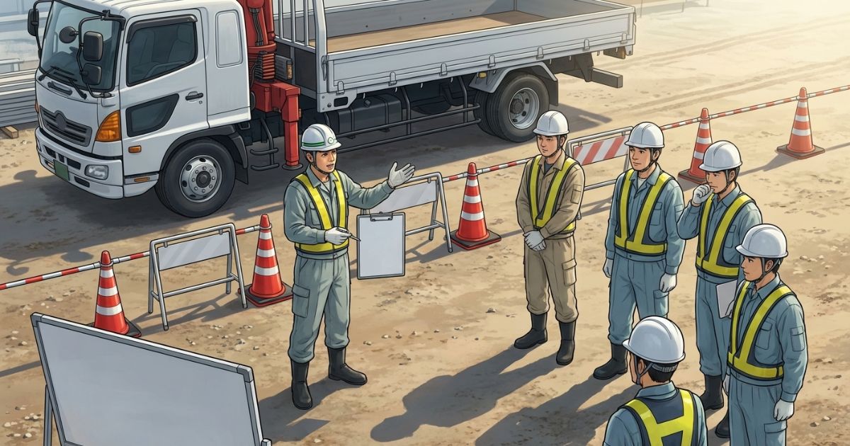 ユニック車作業の事前打合せで合図者・誘導者・立入管理の役割を共有している様子