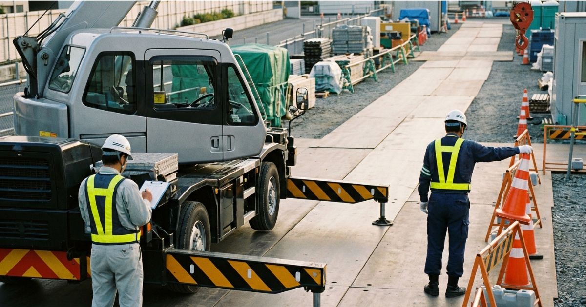 ユニック車の作業前に作業計画書を確認し、動線と立入管理を点検している現場の様子