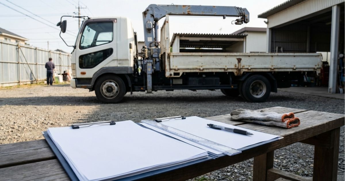 中古ユニック車の性能表を“前提条件から確認する”イメージ（書類と車両を照合する場面）