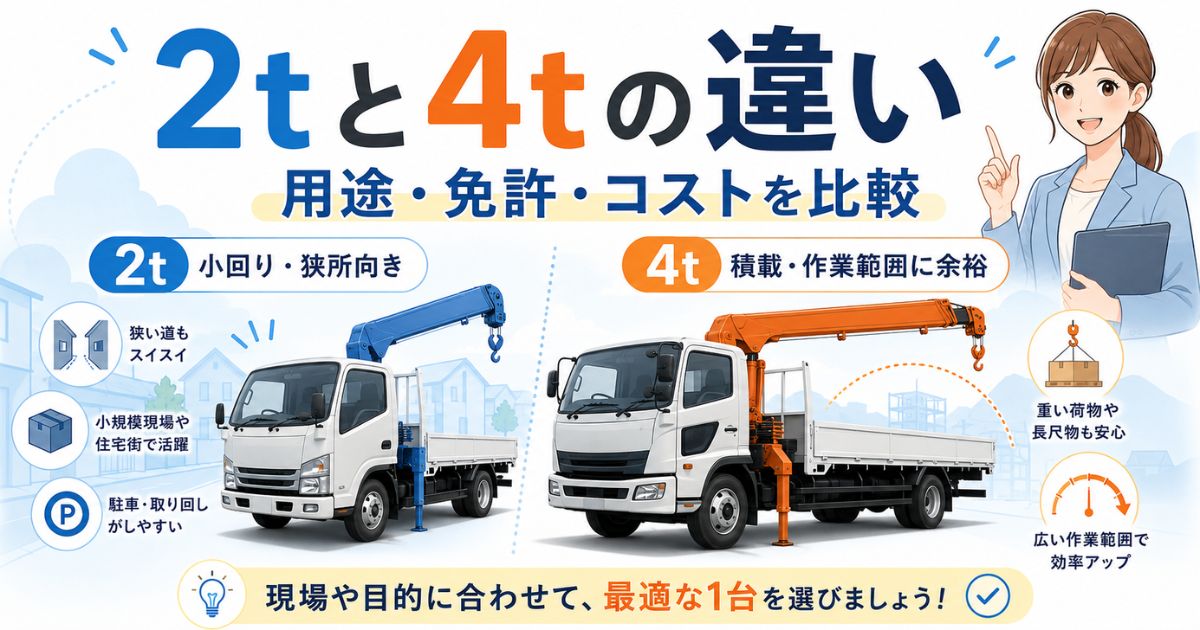 2tユニック車と4tユニック車の用途・免許・コストの違いを比較する図解