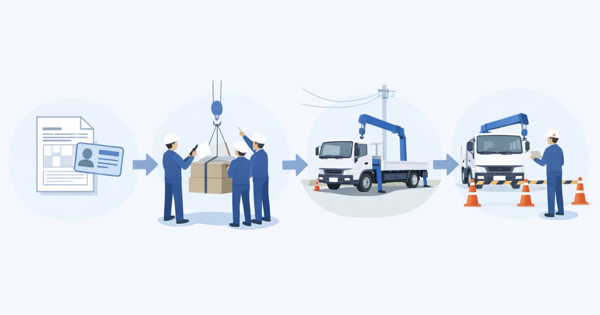 2tと4tユニック車の手配前に行う安全確認と役割確認の流れ図