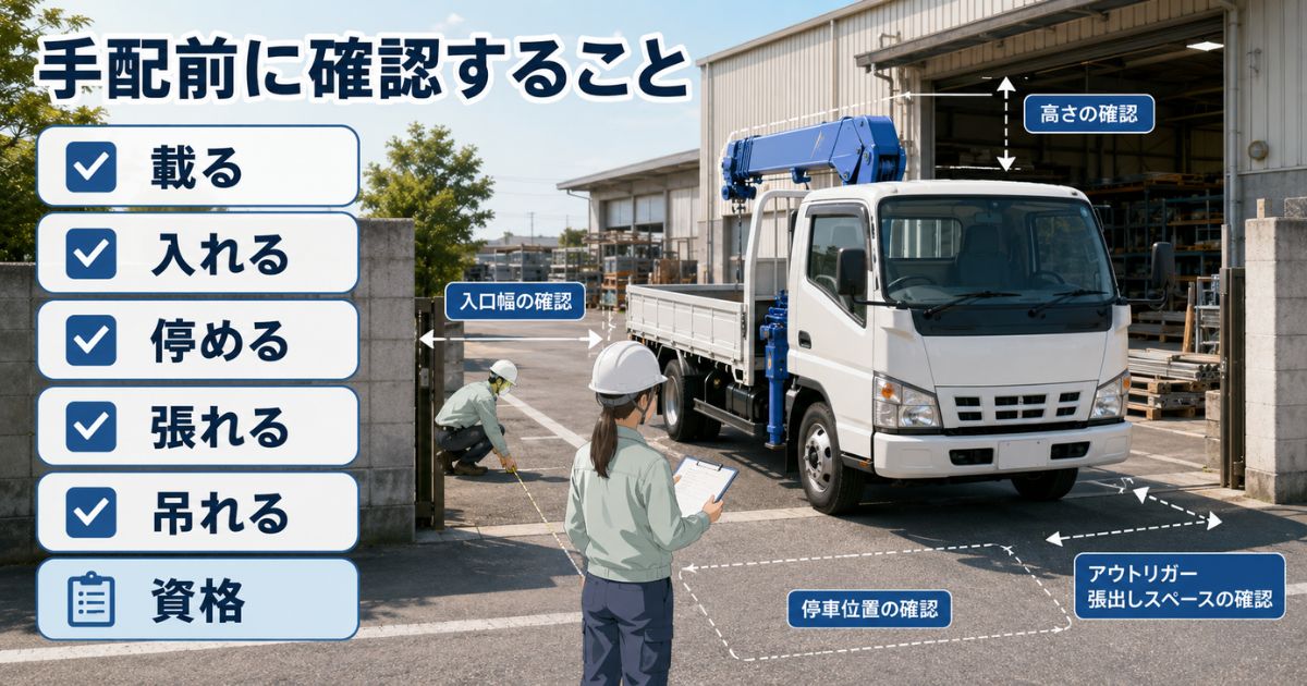 2tと4tユニック車の手配前に進入路や停車位置、アウトリガー設置条件を確認する様子