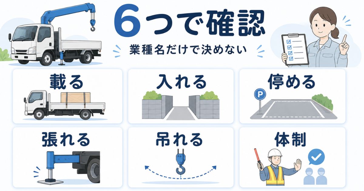 2tユニック車の導入前に載る・入れる・停める・張れる・吊れる・体制を確認する図解