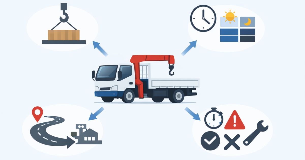 2tユニック車レンタル料金を判断する際の主要条件を整理した図解