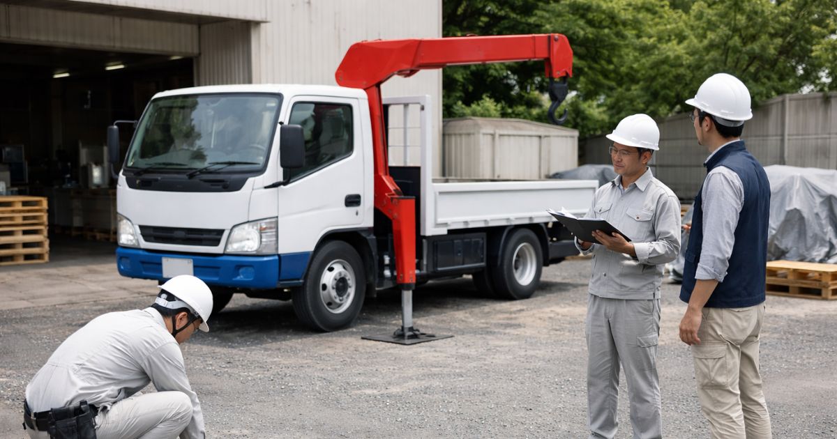 2tユニック車の当日判断前に安全条件を確認している現場イメージ