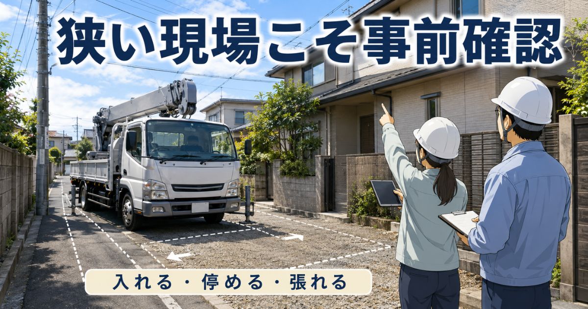 2tユニック車を狭い住宅地で手配前に停車位置・高さ・アウトリガー条件まで確認している場面
