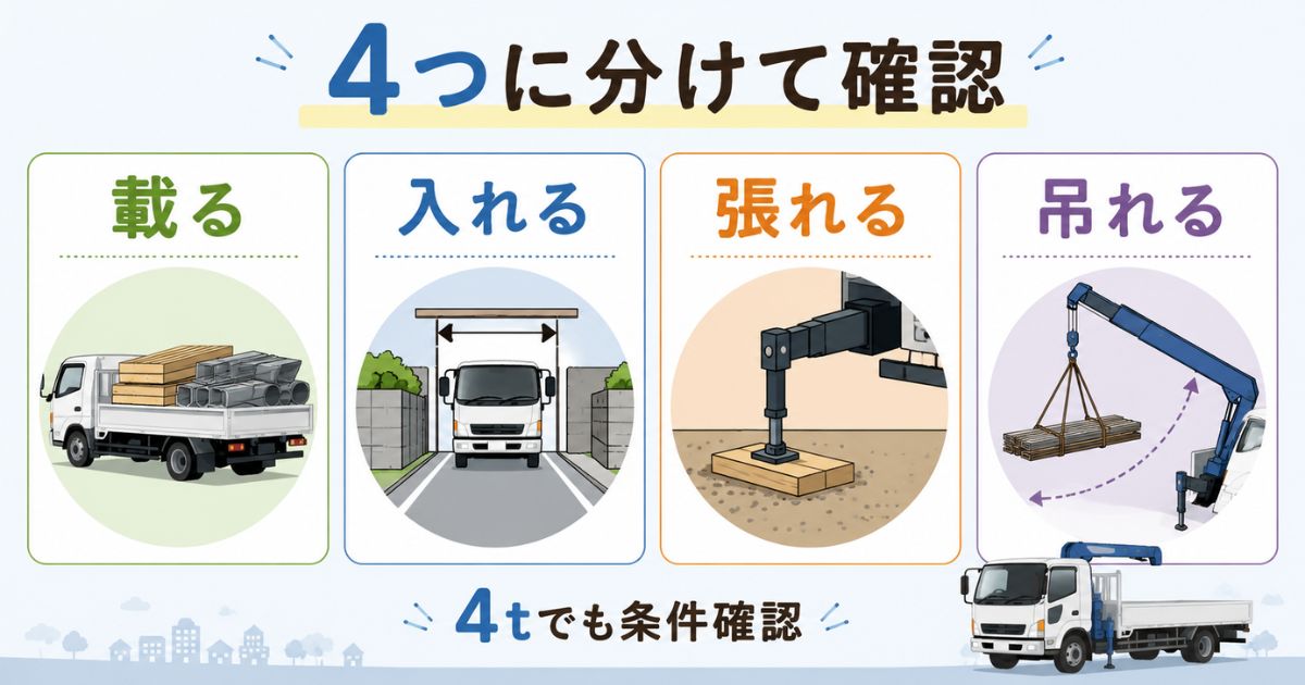 4tユニック車の手配前に載る・入れる・張れる・吊れるを分けて確認する図解