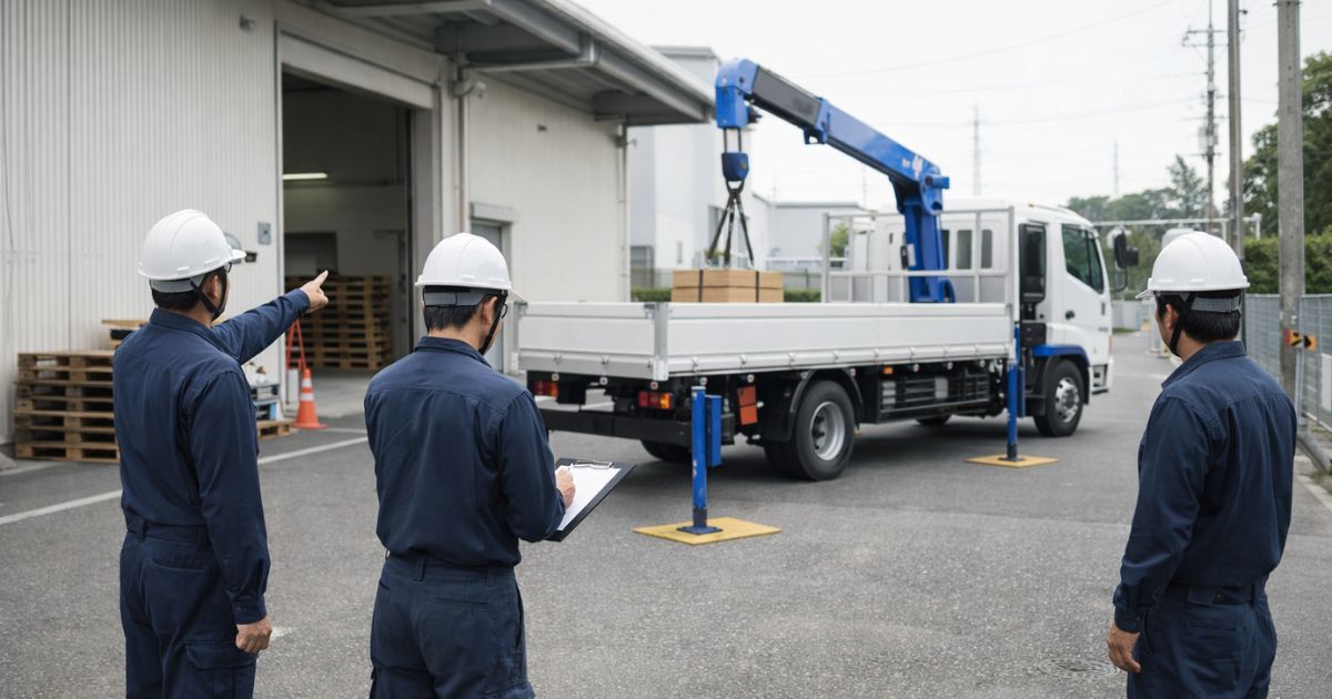 4tユニック車の作業前に進入や設置条件を確認している現場イメージ