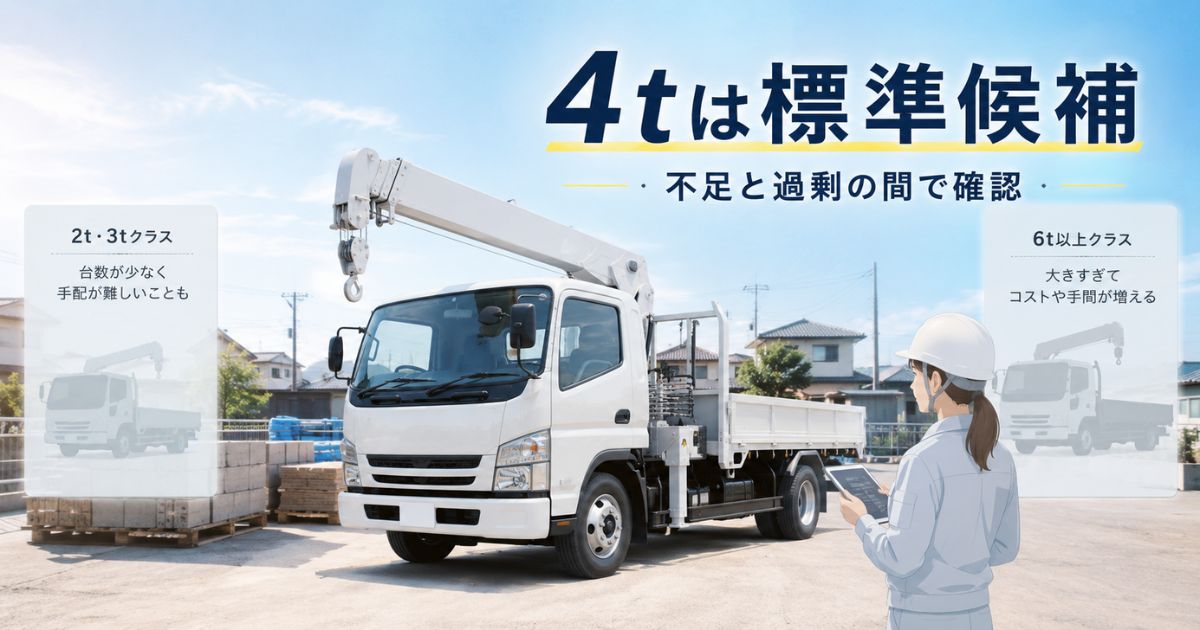 4tユニック車が2t・3tの不足と大型の過剰の間で標準候補になることを示す現場イメージ