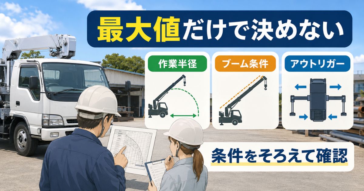 4tクラスの2.93t吊り機種例で作業半径が伸びるほど定格総荷重が下がることを示す図解