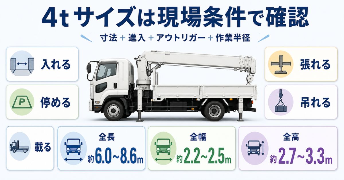 4tユニック車のサイズは全長・全幅・全高だけでなく進入・停車・アウトリガー・作業半径を分けて確認する図解