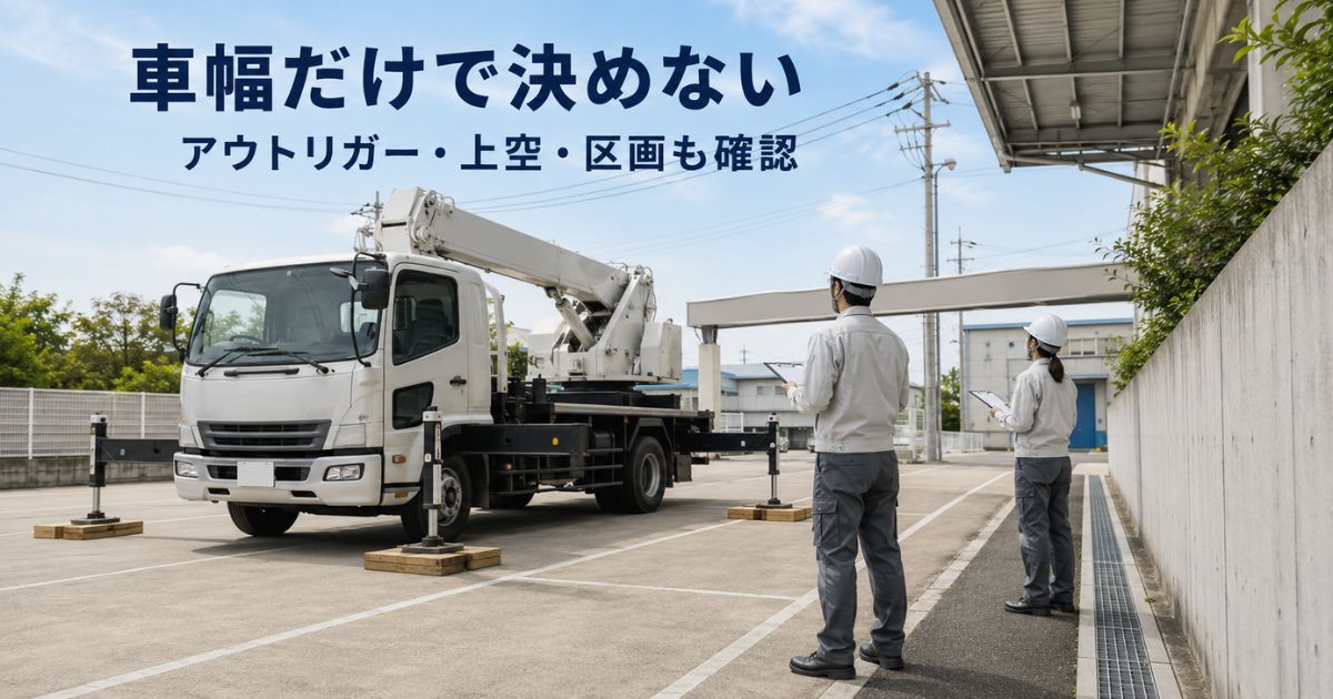4tユニック車の現場確認で車幅だけでなくアウトリガー・敷板・上空障害・作業区画を確認している様子