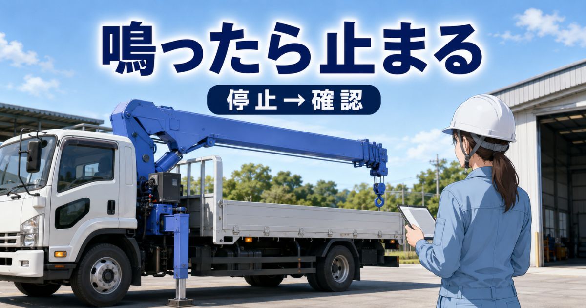 ユニック車の警報作動時に作業を止めて点検メモを確認している様子