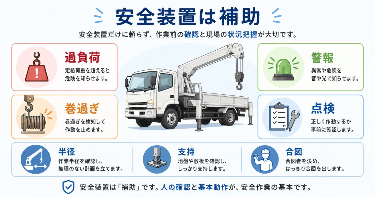 ユニック車の安全装置は補助であり作業半径や支持条件と合わせて確認することを示した図解