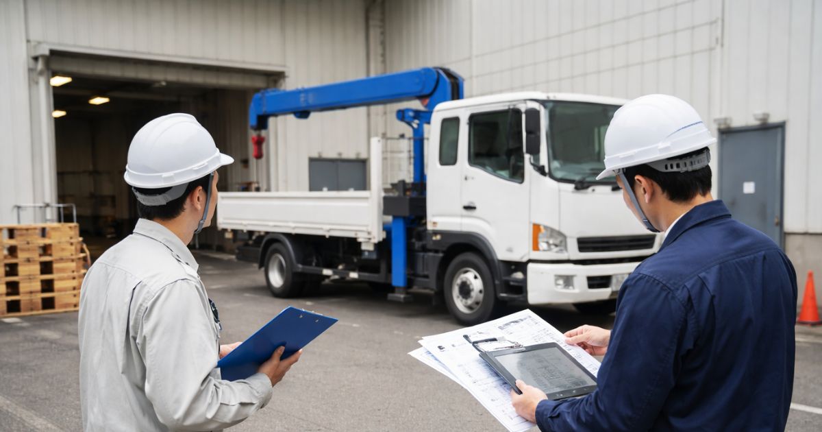 中古ユニック車の購入と代替手段を現場で検討している実務イメージ