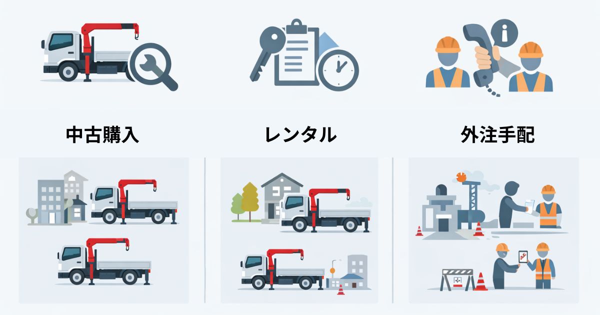 中古購入とレンタルと外注手配の違いを整理した比較図