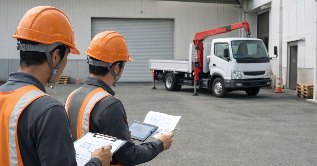 現場条件と車両条件を照合しているユニック車手配前の実務イメージ