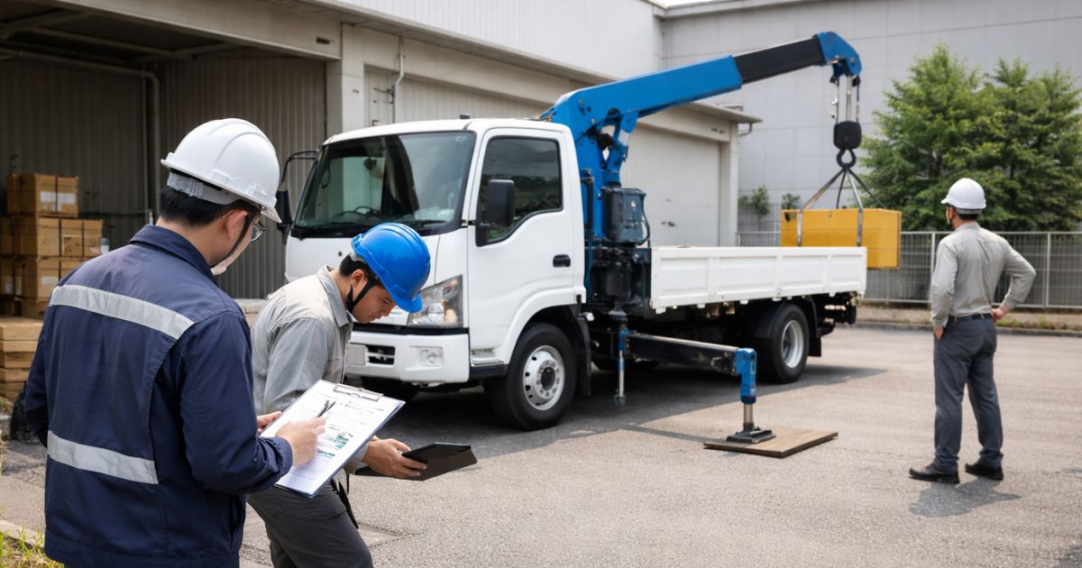 中古ユニック車の購入前に性能表と現場条件を照合している現場イメージ